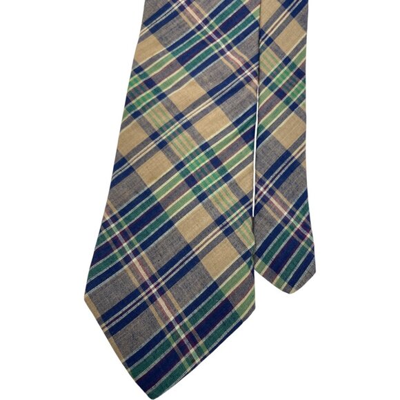 Lands' End Cotton Tie Green Blue Tartan Plaid - Picture 3 of 6